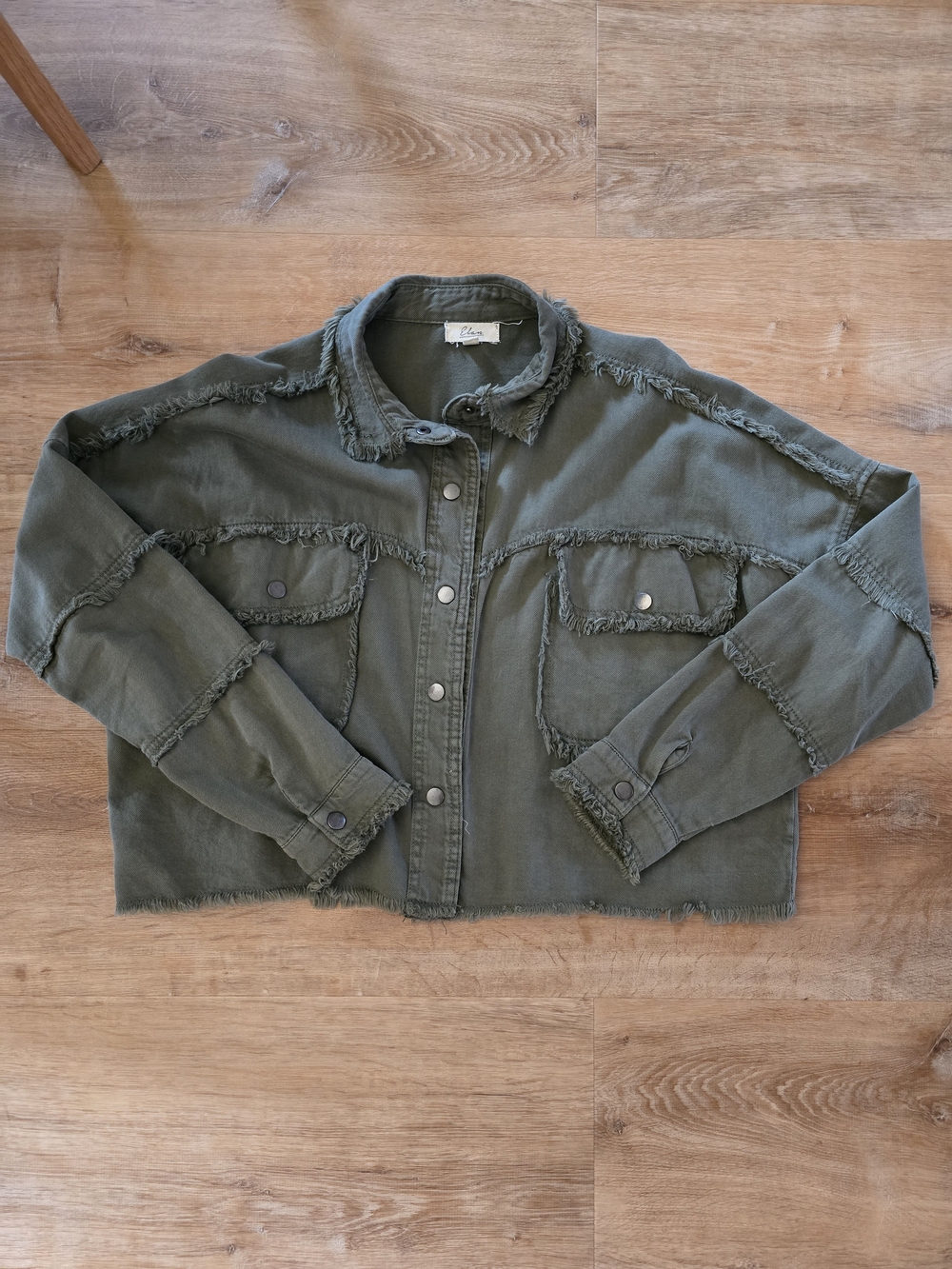 Elan Olive Green Frayed Hem Utility Jean Jacket - Women